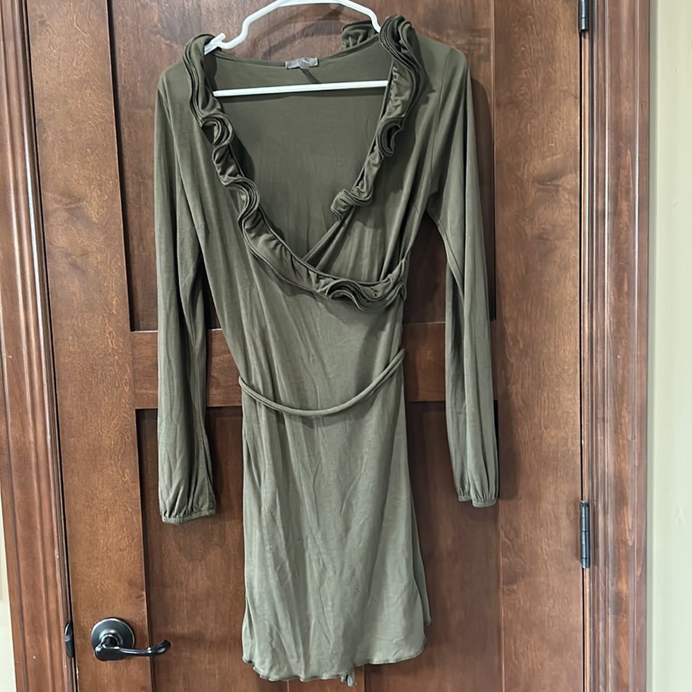 AnM Ruffle long sleeve faux wrap dress olive small